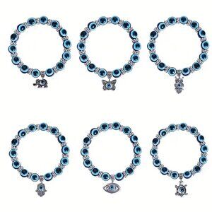 6pc Evil Eye, Owl, Elephant, Turtle, and Butterfly Bracelets Z390